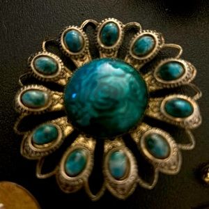 Huge vintage brooches with green pearl like stones